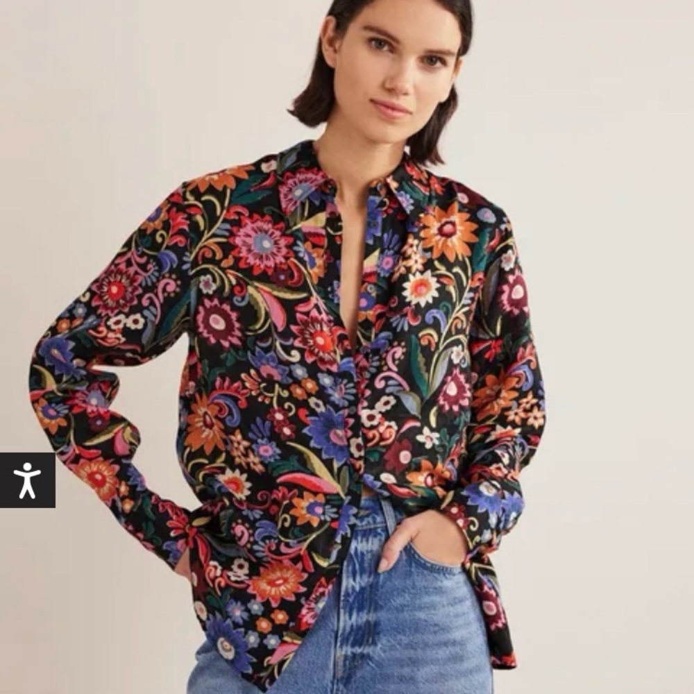 Boden New Linen Shirt in Black Gardenia Pop Floral 4R Relaxed Fit